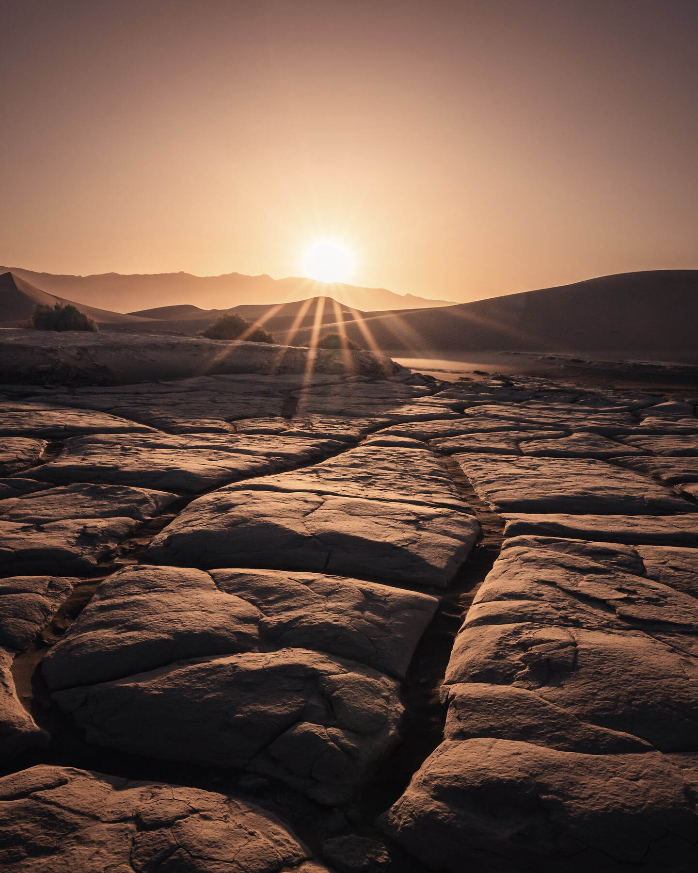 Cracked mud flats at sunset — a sun star breaks over distant dunes, golden sky giving way to textured earth in the foreground, dark mountain silhouettes.