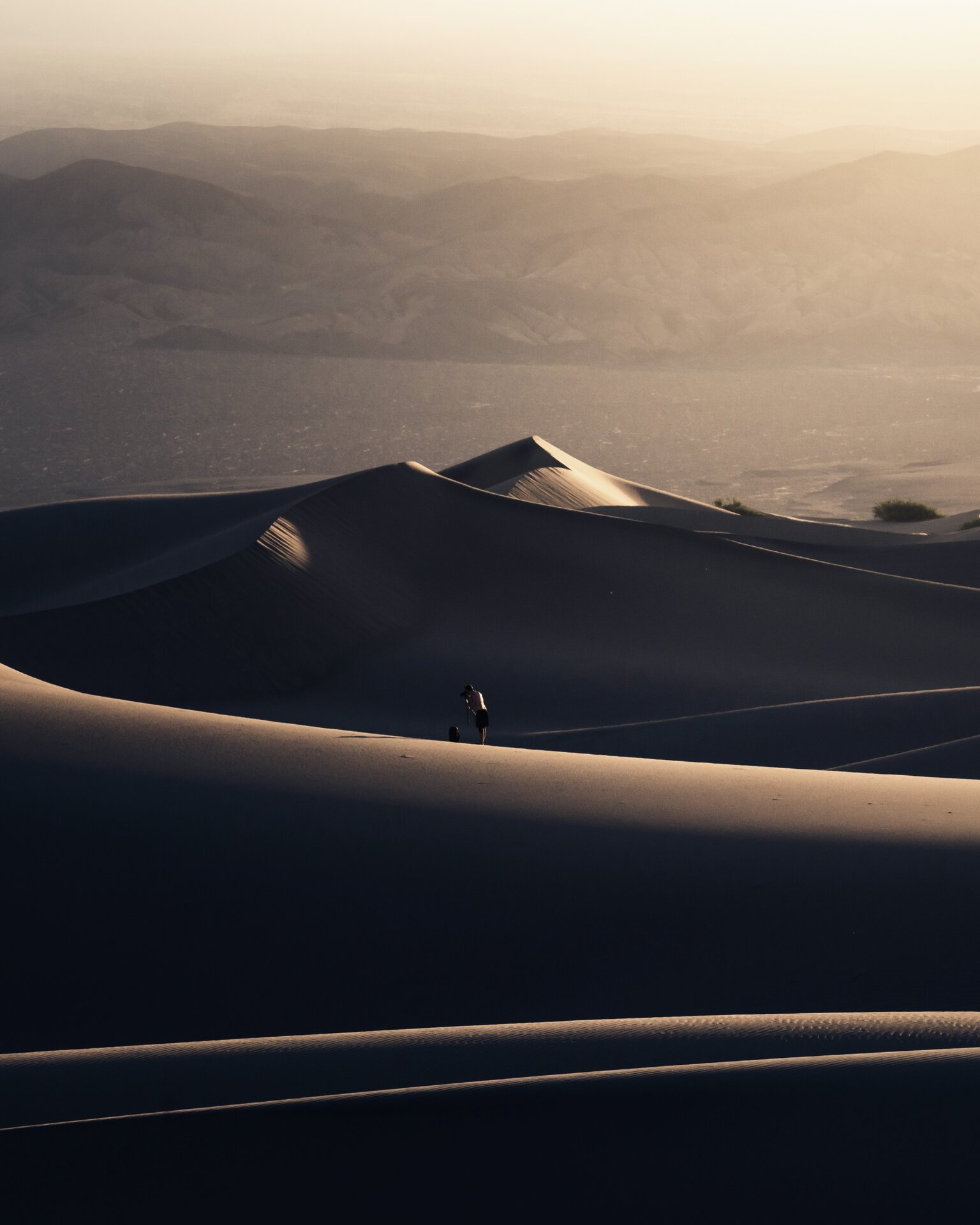 A lone photographer — small in the frame — working in vast sand dunes at late light, distant mountains hazed in warm atmosphere.